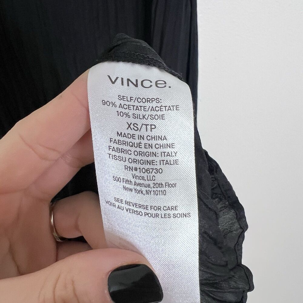 Vince Crushed Silk Black Midi Dress XS V Neck Pleated Minimalist Quiet Luxury - Picture 9 of 11